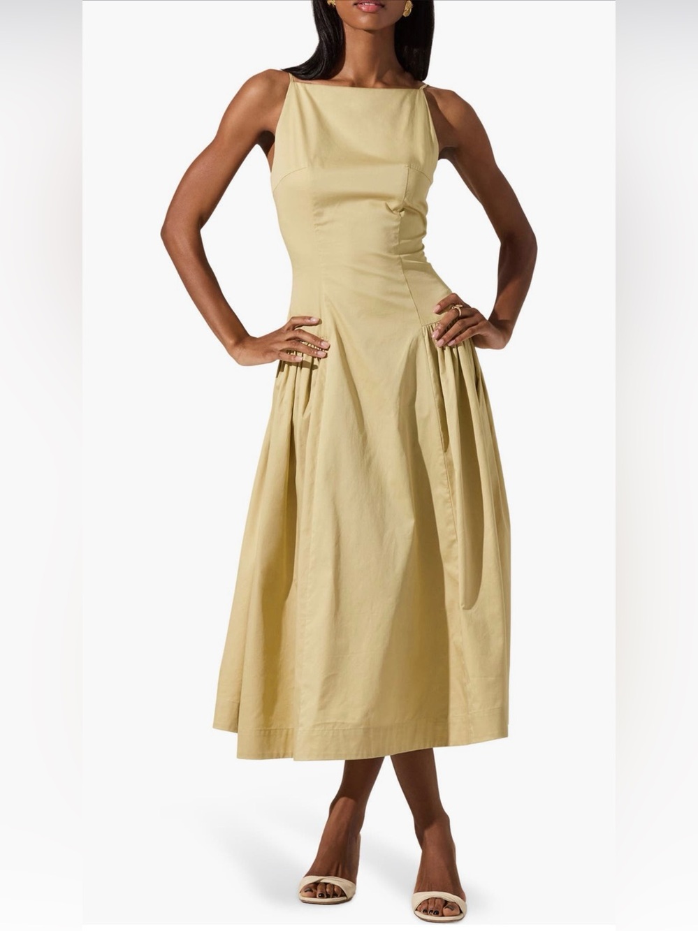 ASTR The Label High Neck Open Back Cotton Midi Dress medium light khaki